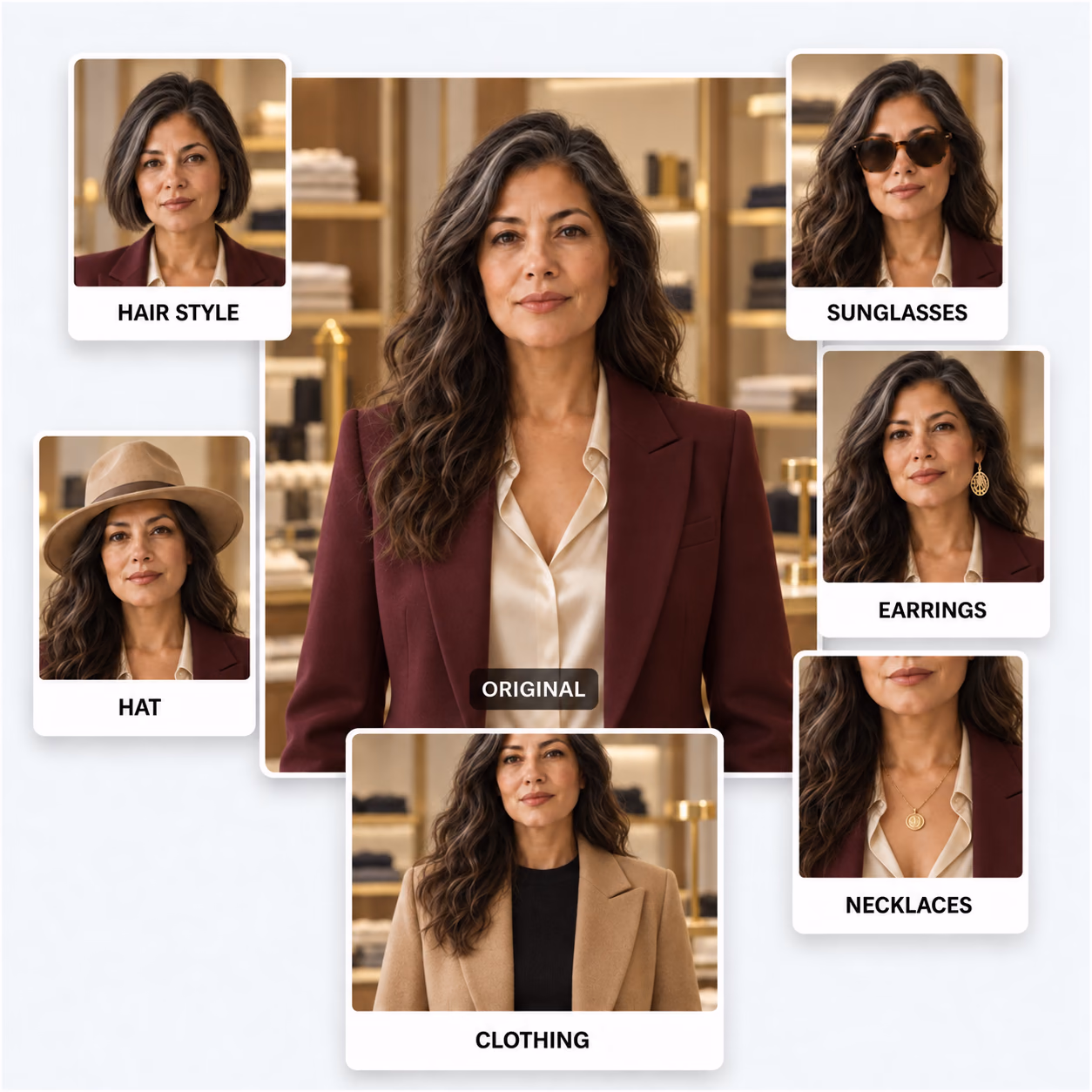 One mature Latina customer shown consistently across CMEINIT hair, eyewear, earrings, necklaces, hat, and clothing experiences