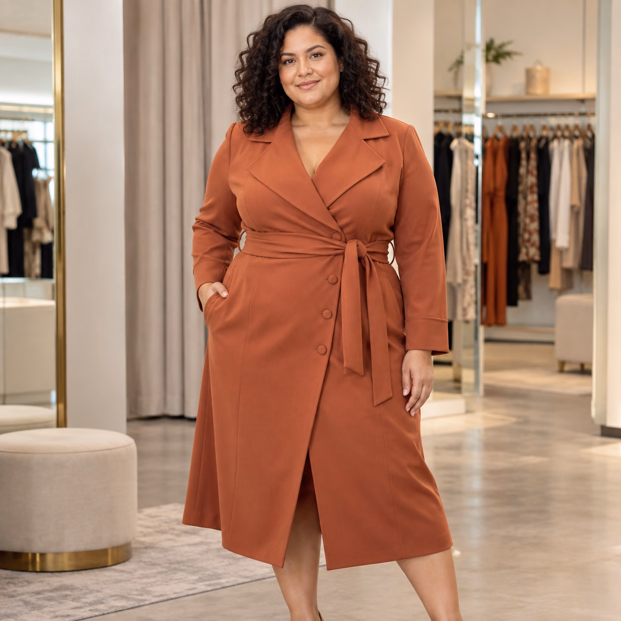 Plus-size Latina woman wearing a terracotta tailored wrap coat-dress