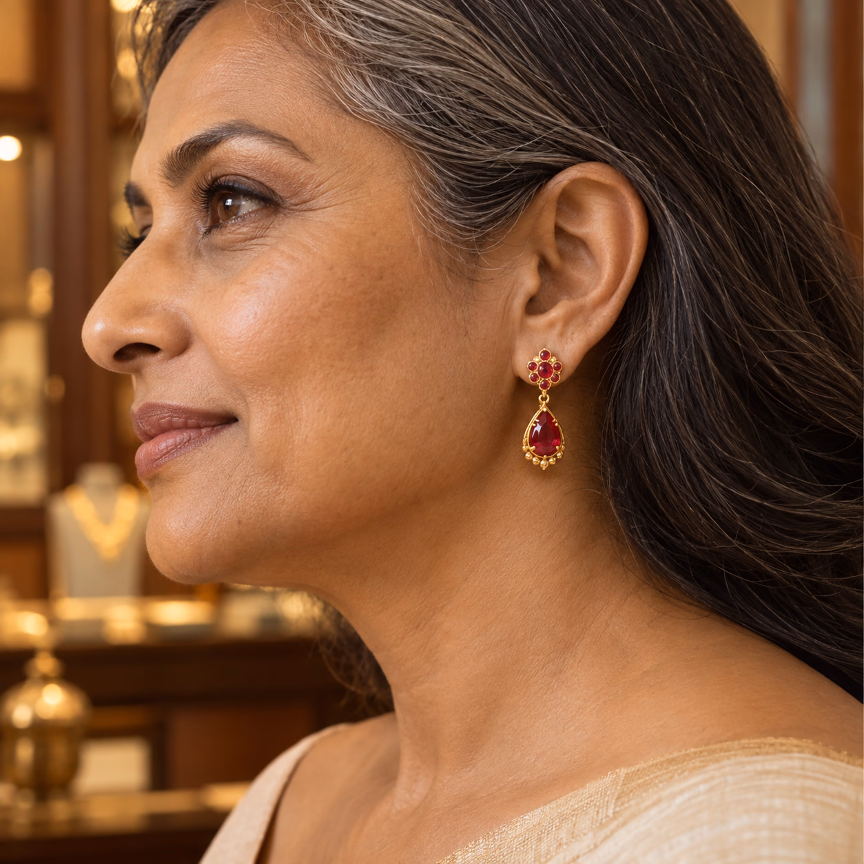 Mature South Asian woman wearing a gold and ruby drop earring