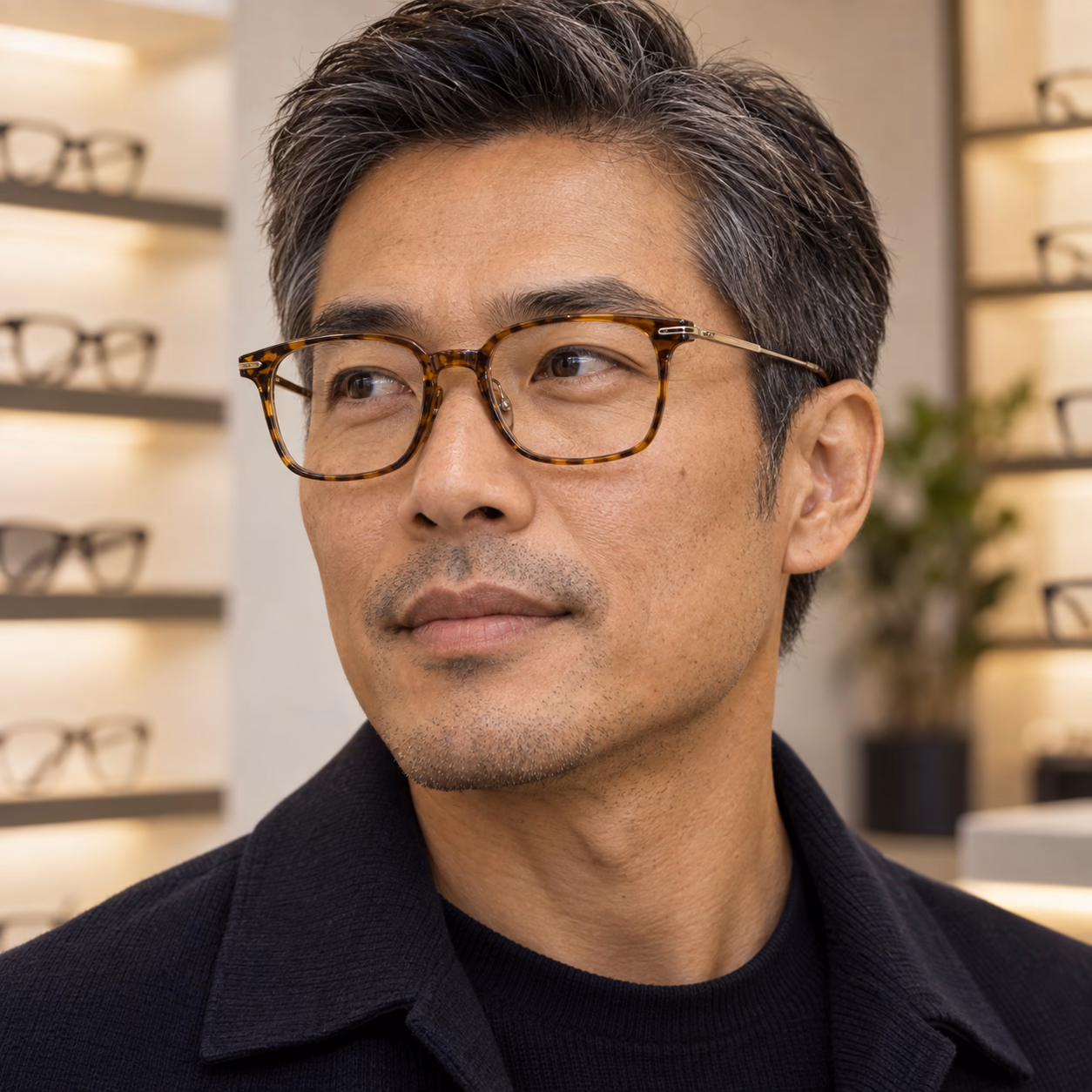 East Asian man wearing premium amber-tortoiseshell optical frames