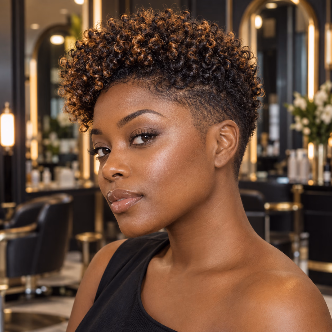 Black woman with a precision tapered curly haircut and copper accents