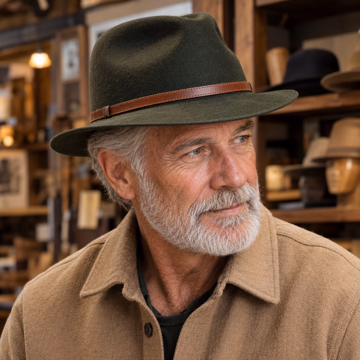 Older white man wearing a structured forest-green felt fedora
