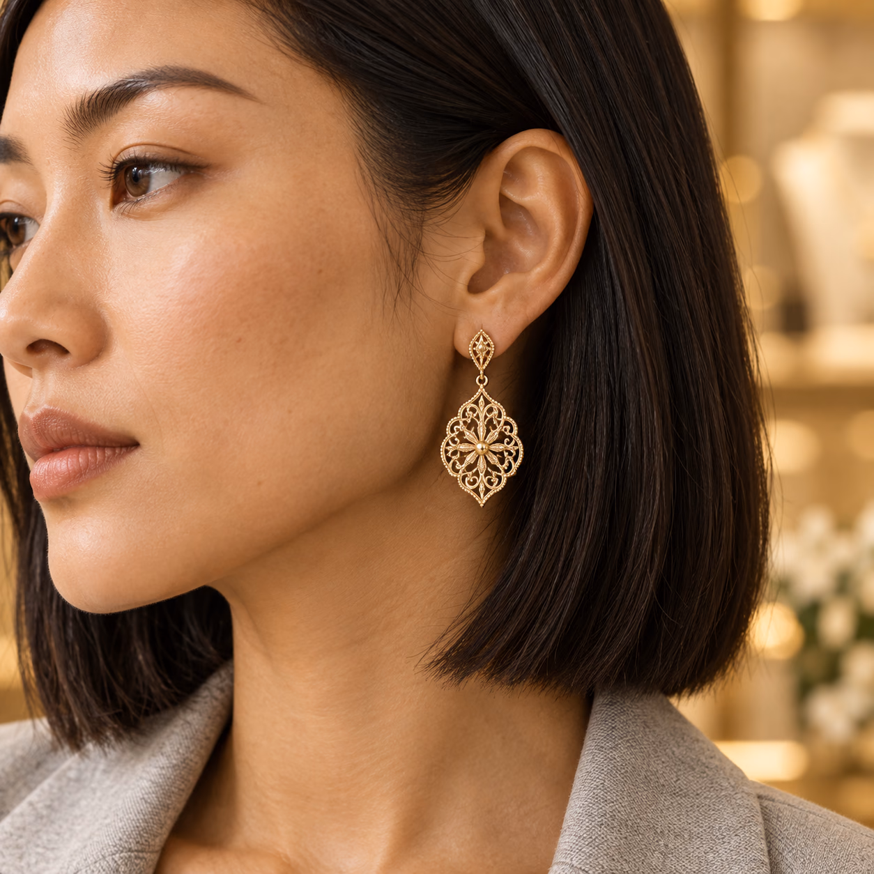 Close detail of an earring on the same customer